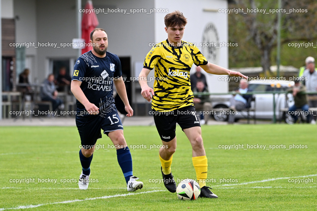 FC Faakersee vs. FC Dölsach | #15 Markus Bachmann FC Dölsach, #7 Felix Michael Bachlechner FC Faakersee, FC Faakersee vs. FC Dölsach, FC Faakersee vs. FC Dölsach am 20.04.2025 in Finkenstein (Sportplatz Finkenstein), Austria, (Photo by Bernd Stefan)