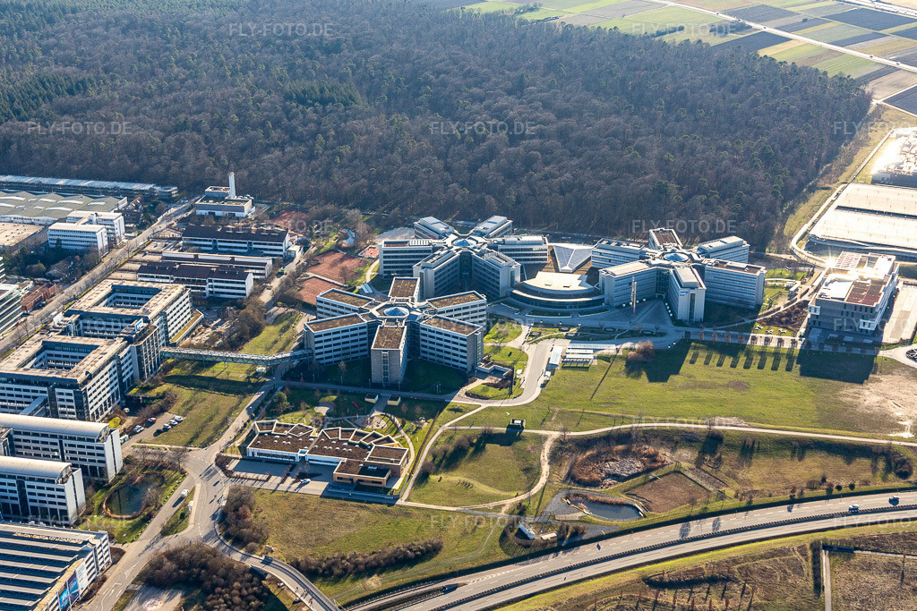 Luftbild: Sternförmige Büro- und Geschäftshäuser der SAP Deutschland SE & Co. KG am Waldrand. in Walldorf im Bundesland Baden-Württemberg in Deutschland. Foto: IMG_125567.jpg vom 21.02.2021 durch Werner Riehm/FLY-FOTO.de