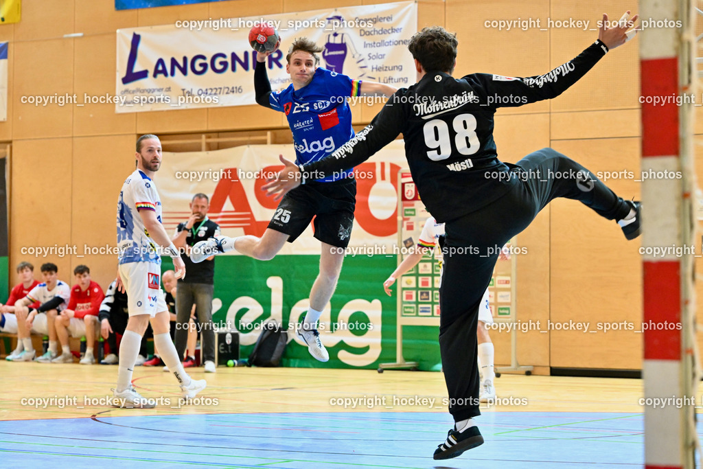 SC Ferlach vs. ALPA HC Hard | #19 SCHNABL Nico HC Hard, #25 PLONER Florian SC Ferlach, #98 MÖSTL Constantin HC Hard, SC Ferlach vs. ALPA HC Hard, SC Ferlach vs. ALPA HC Hard am 30.04.2024 in Ferlach (Ballspielhalle Ferlach), Austria, (Photo by Bernd Stefan)