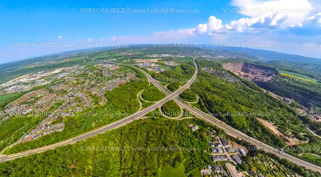 Hagen230520033AutobahnkreuzA45 | Luftbild, Autobahnkreuz Hagen, Autobahn A45 und Autobahn A46, Steinbruch Donnerkuhle Hagen Halden, Erdkugel, Fisheye Aufnahme, Fischaugen Aufnahme, 360 Grad Aufnahme, Lennetal, Hagen, Sauerland, Nordrhein-Westfalen, Deutschland