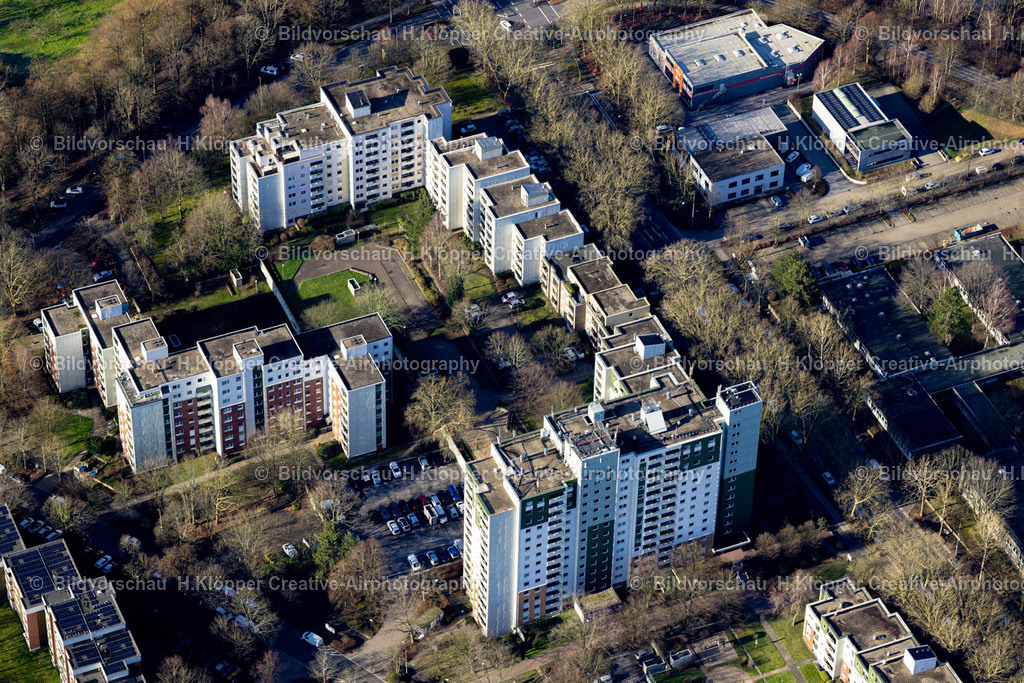Luftbild Erkrath-8682 | Luftbildfotografie Hochhäuser im Wohngebiet einer industriell gefertigten Plattenbau- Siedlung an der Fuhlrottstraße, Dörpfeldstraße in Erkrath im Bundesland Nordrhein-Westfalen, Deutschland - Realisiert mit Pictrs.com