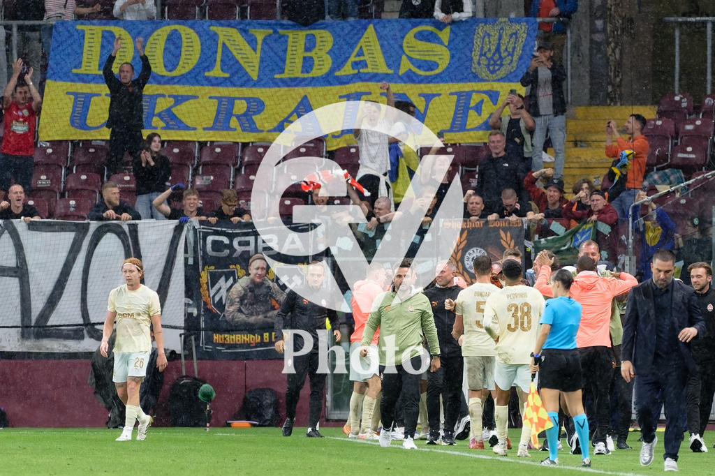 UEFA Conference League Play-offs 2nd leg - Servette FC v FC Shakhtar Donetsk | Fans of FC Shakhtar Donetsk celebrates during the UEFA Conference League Play-offs 2nd leg match between Servette FC and FC Shakhtar Donetsk at Stade de Geneve in Geneva, Switzerland