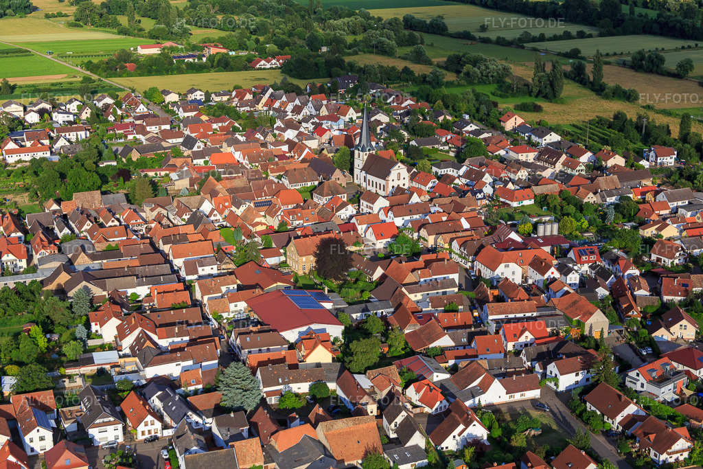 Luftbild: Mühlstraße und Kathol. Kirche St. Georg in Venningen im Bundesland Rheinland-Pfalz in Deutschland. Foto: IMG_090121.jpg vom 26.06.2016 durch Werner Riehm/FLY-FOTO.de