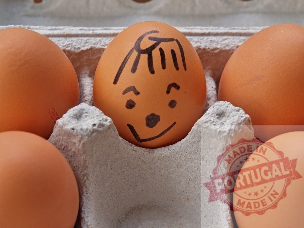 Brown egg with drawn smiling face in carton | Happy anthropomorphic egg with a doodle face sitting in a cardboard egg carton - Realisiert mit Pictrs.com
