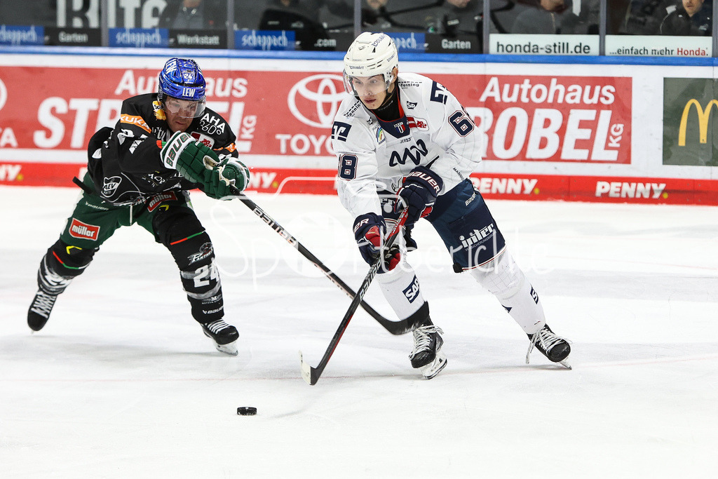 Augsburger Panther - Adler Mannheim | Thomas Joradan TREVELYAN (AEV #24) im Duell mit Fabrizio PILU (MERC #68) / Zweikampf