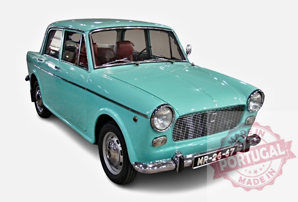 Premier Padmini parked, showing its iconic design from the 1960s | Light blue Premier Padmini, an iconic Fiat-derived Indian car, parked against a white background, showcasing its classic design - Realized with Pictrs.com