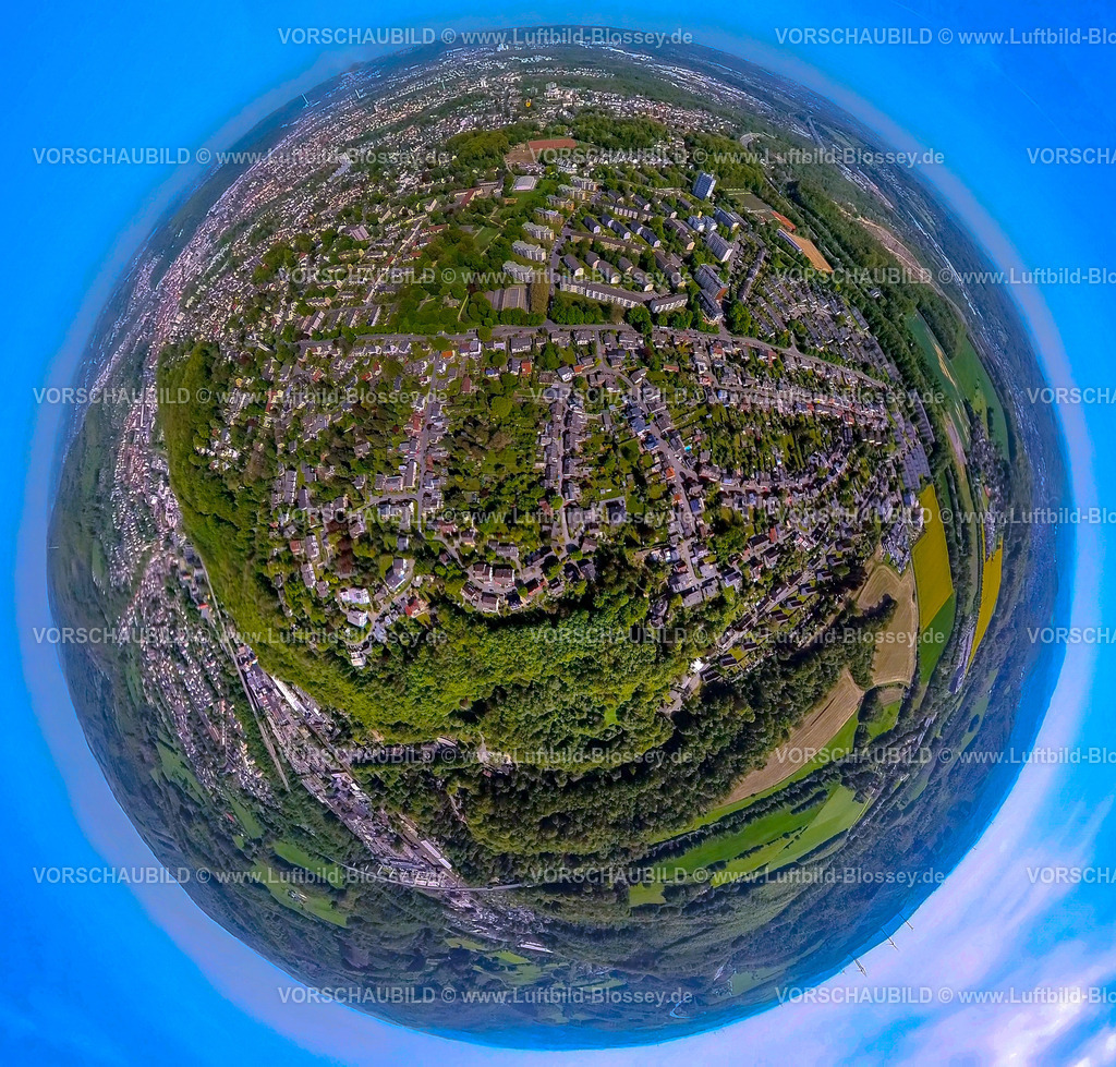 Hagen240590249Alt-Emst | Luftbild, Wohngebiet Siedlung Ortsansicht Ortsteil Alt-Emst, umgeben von Grünflächen, Erdkugel, Fisheye Aufnahme, Fischaugen Aufnahme, 360 Grad Aufnahme, tiny world, little planet, fisheye Bild, Emst, Hagen, Ruhrgebiet, Nordrhein-Westfalen, Deutschland