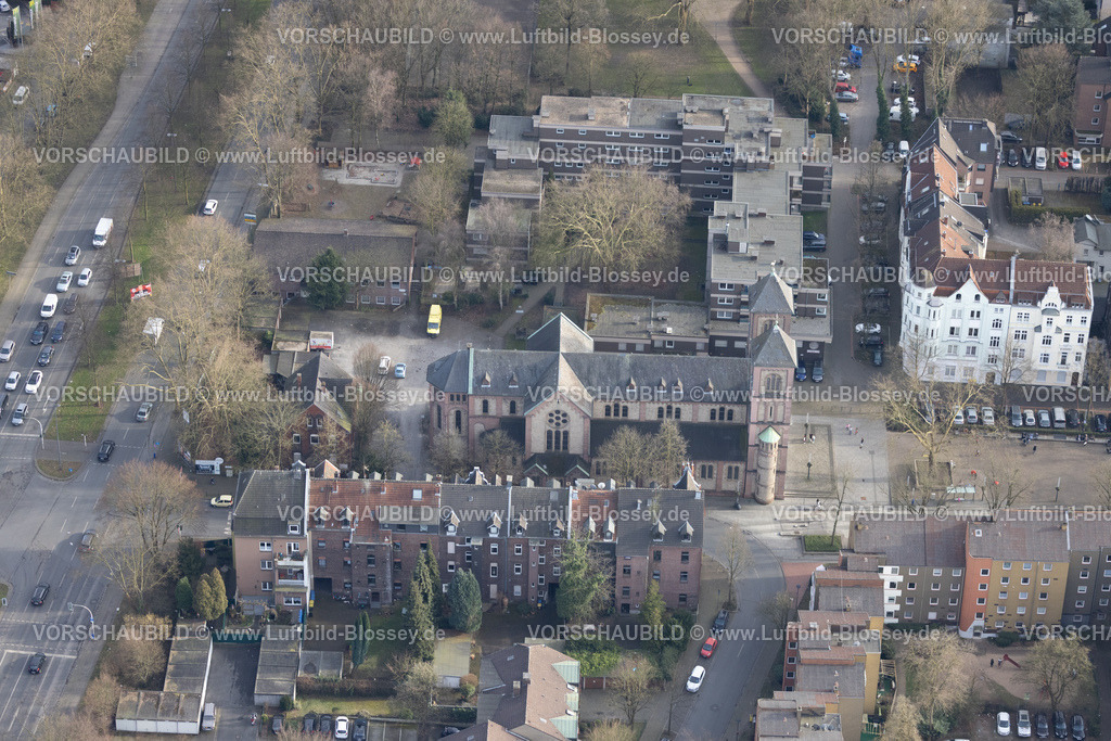 Gelsenkirchen250203091Sued | Luftbild, kath. Liebfrauenkirche im Wohngebiet Neustadtplatz, kath. Kindergarten Liebfrauen, Neustadt, Gelsenkirchen, Ruhrgebiet, Nordrhein-Westfalen, Deutschland