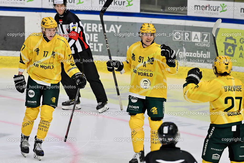 ATSE Graz vs. EHC Lustenau | #27 D’Alvise Christopher EHC Lustenau, Jubel EHC Lustenau Mannschaft, #17 Metzler Manuel EHC Lustenau, #91 Grabher Meier Martin EHC Lustenau, ATSE Graz vs. EHC Lustenau, ATSE Graz vs. EHC Lustenau am 14.02.2026 in Graz (Merkur Eishalle ), Austria, (Photo by Bernd Stefan)