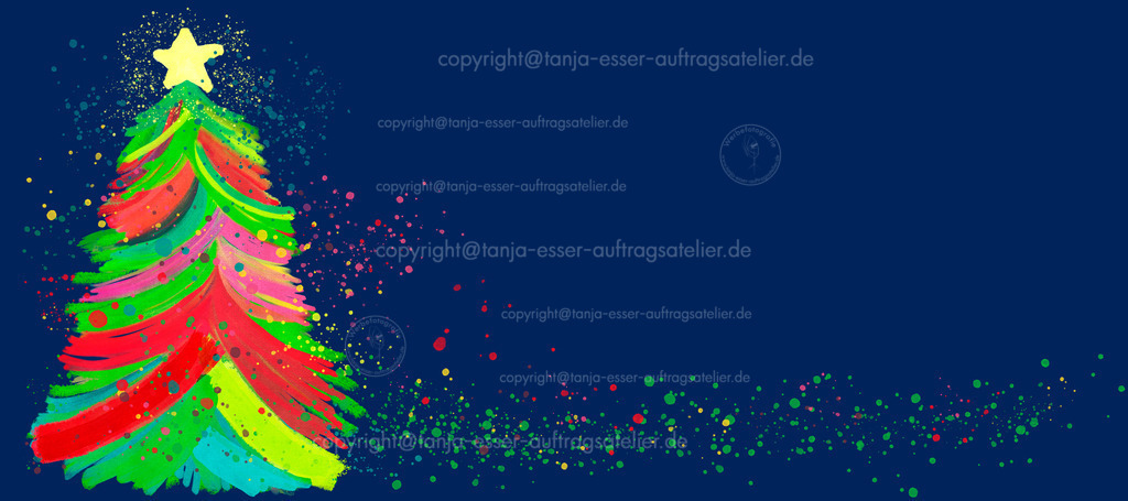 Weihnachtsbaum abstrakt vor blau D | Bunter abstrakter Weihnachtsbaum sieht aus wie ein Ölbild auf Leinwand Struktur. Spritzer und Kleckse. Blauer Hintergrund im Panorama Format. 