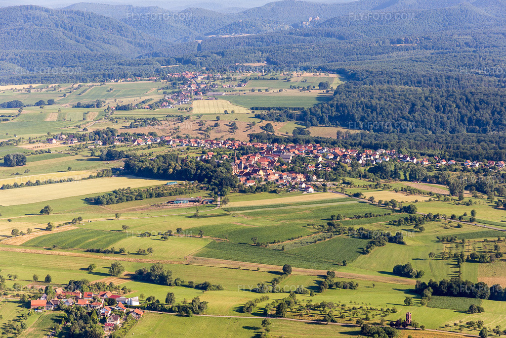 Aerial view: Agricultural fields and arable land in Frœschwiller in the state Bas-Rhin, France. – Photo: IMG_082958.jpg taken on 06/26/2015 by Werner Riehm/FLY-FOTO.com – Resolution of the original: 5472 x 3648 px