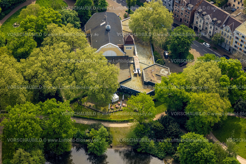 Herne240500539 | Luftbild, Mondpalast von Wanne-Eickel Theater und Events im Stadtgarten mit See, grüne Bäume, Wanne, Herne, Ruhrgebiet, Nordrhein-Westfalen, Deutschland