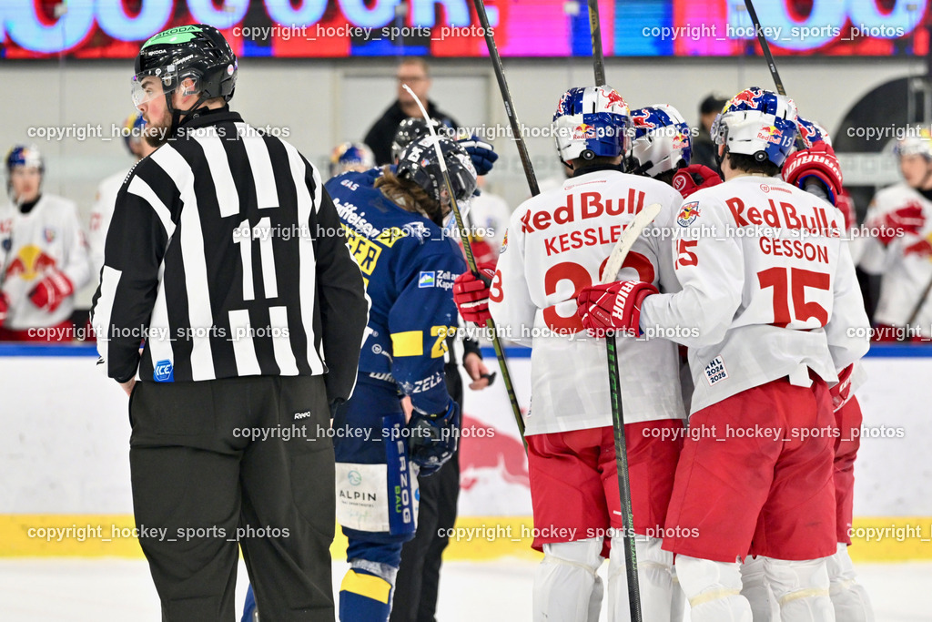 RED BULL HOCKEY JUNIORS vs. EK DIE ZELLER EISBÄREN | ZACHERL Patrick Referee, Jubel RED BULL HOCKEY JUNIORS Mannschaft, RED BULL HOCKEY JUNIORS vs. EK DIE ZELLER EISBÄREN, RED BULL HOCKEY JUNIORS vs. EK DIE ZELLER EISBÄREN am 14.01.2025 in Salzburg (Eisarena Salzburg), Austria, (Photo by Bernd Stefan)