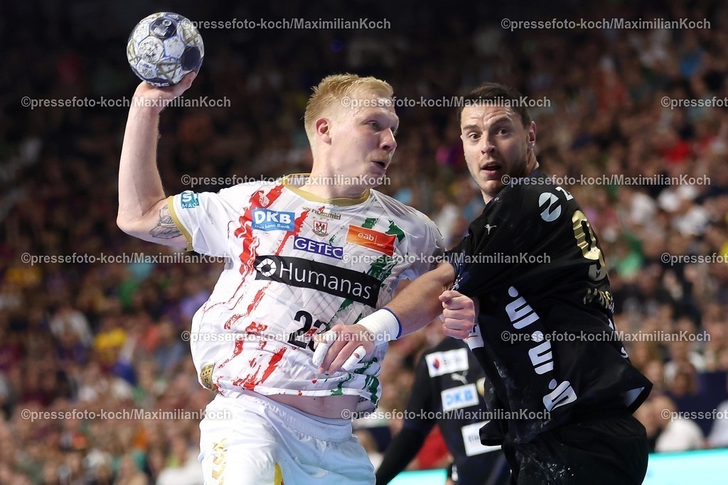 KoeEHF15062502034 | 15.06.2025, Handball, Finale TruckScout24 EHF FINAL4, LANXESS arena Köln, Füchse Berlin - SC Magdeburg: Magnus Saugstrup Jensen (Magdeburg #23) gegen Mijajlo Marsenic  (Fuechse Berlin #93) 