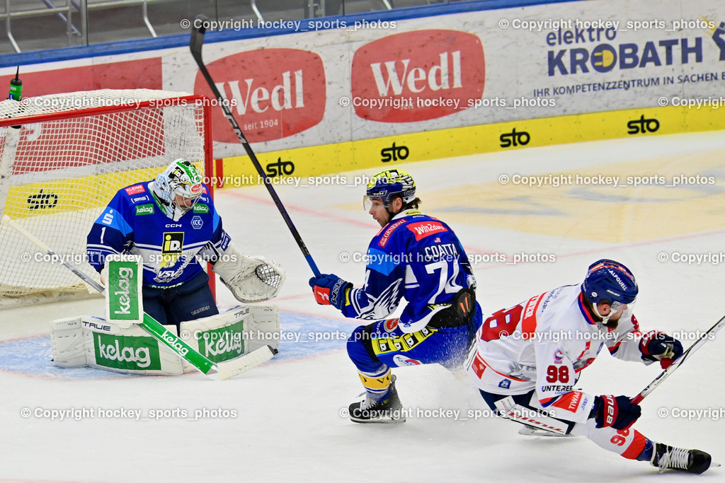 EC IDM Wärmepumpen VSV vs. HC Innsbruck  6.10.2024 | #1 LAMOUREUX Jean Philippe EC VSV, #74 COATTA Max EC VSV, #98 Lattner Jan HC Innsbruck, EC IDM Wärmepumpen VSV vs. HC Innsbruck  6.10.2024, EC IDM Wärmepumpen VSV vs. HC Innsbruck  am 06.10.2024 in Villach (Stadthalle Villach), Austria, (Photo by Bernd Stefan)