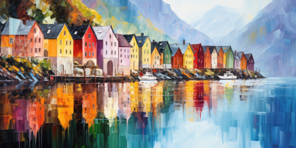 10260806 - Dorf am Fjord | Idyllische norwegische Fjordlandschaft im Stil eines modernen Gemäldes. Erhältlich als hochwertiges Wandbild auf Leinwand, Acrylglas, Alu-Dibond oder als Poster, einfach über "Bestellen" konfigurieren.