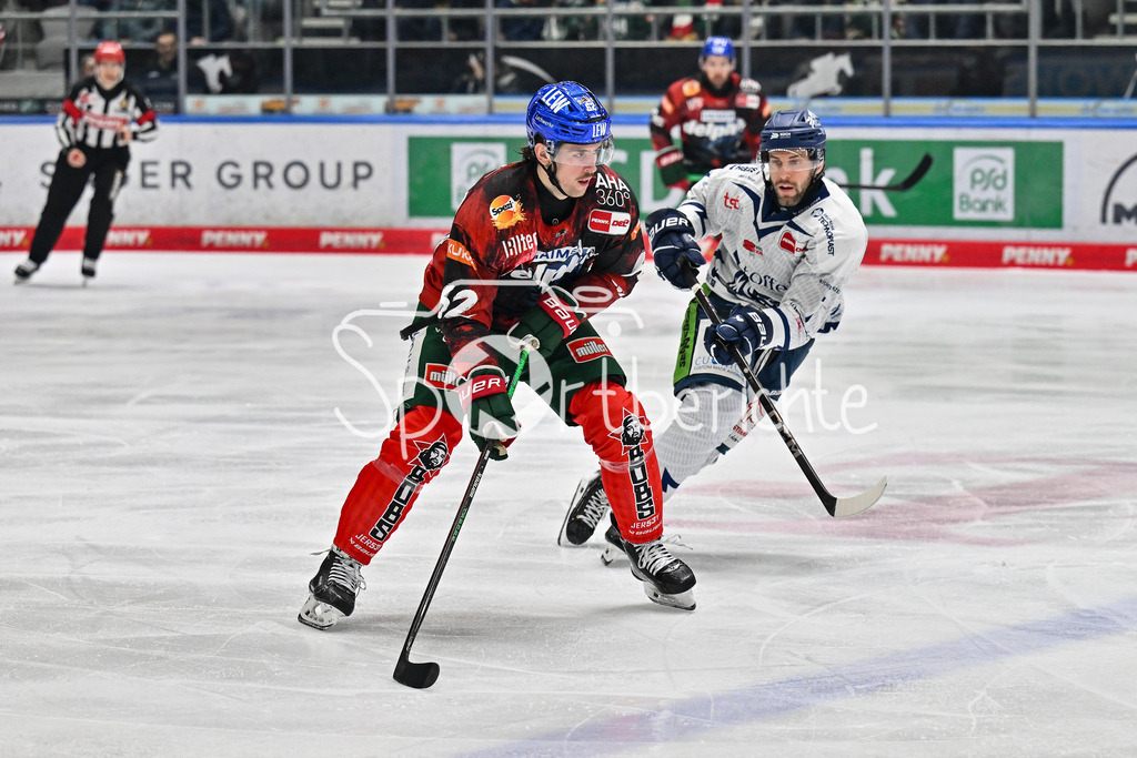 Augsburger Panther - Straubing Tigers | im Duell Thomas SCHEMITCH (Augsburger Panther #62) und Taylor LEIER  (Straubing Tigers #7) / Zweikampf / DEL: Augsburger Panther - Straubing Tigers, Curt Frenzel Stadion am 29.11.2024