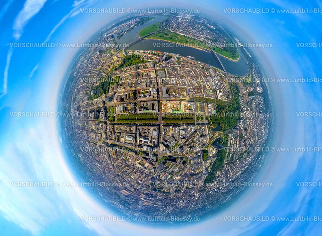Duesseldorf240590064Koenigsallee_Koe_Altstadt_Rhein | Luftbild, Düsseldorfer Altstadt am Fluss Rhein, Oberkasseler Brücke und Rheinkniebrücke, Heinrich-Heine-Allee und Königsallee mit Baumallee, Erdkugel, Fisheye Aufnahme, Fischaugen Aufnahme, 360 Grad Aufnahme, tiny world, little planet, fisheye Bild, Stadtmitte, Düsseldorf, Nordrhein-Westfalen, Deutschland