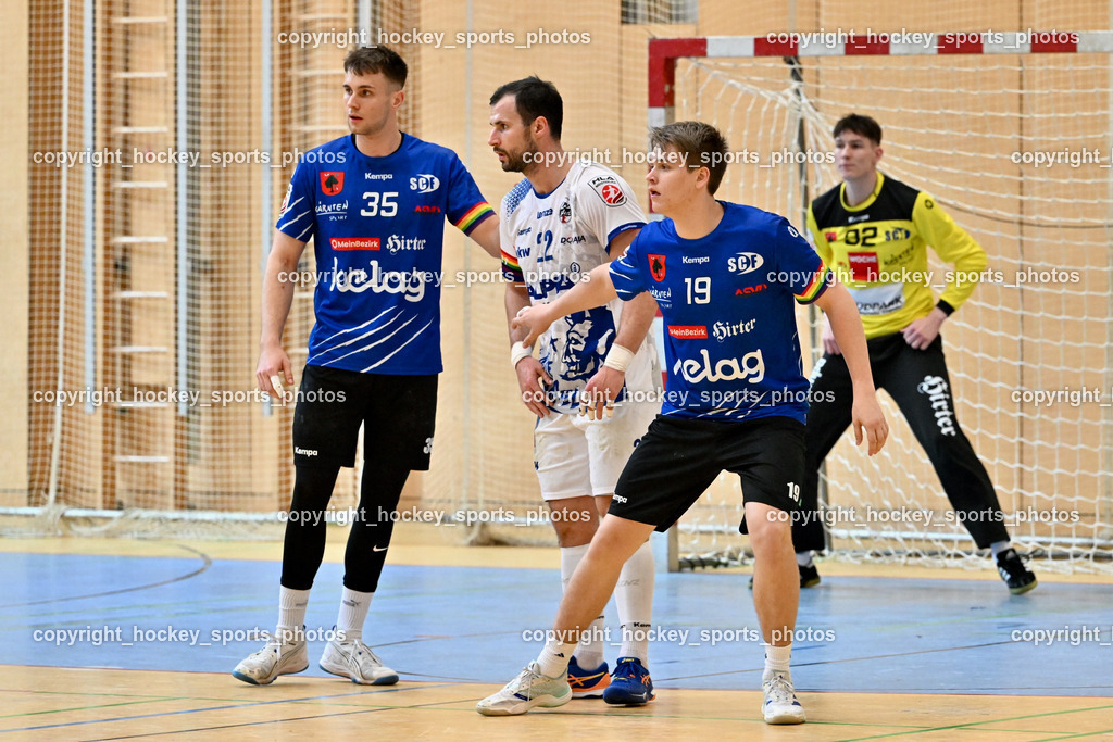 SC Ferlach vs. ALPLA HC Hard | #35 JURANIC Jura Egon SC Ferlach, #22 BABIC Dejan SC Hard, #19 EBNER Luca SC Ferlach, #92 Kelich Jakob SC Ferlach, SC Ferlach vs. ALPLA HC Hard, SC Ferlach vs. ALPLA HC Hard am 05.04.2025 in Ferlach (Ballspielhalle Ferlach), Austria, (Photo by Bernd Stefan)