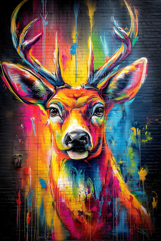 2604015 - Bunter Neon Hirsch | Ein Hirsch in bunten Neon Farben im Stil einer Fassadenmalerei.