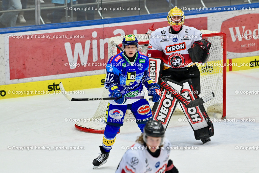 EC IDM Wärmepumpen VSV vs. Pioneers Vorarlberg | #42 LANZINGER Benjamin EC VSV, #30 Caffi Alex PIONEERS VORARLBERG, EC IDM Wärmepumpen VSV vs. Pioneers Vorarlberg, EC IDM Wärmepumpen VSV vs. Pioneers Vorarlberg am 14.12.2024 in Villach (Stadthalle Villach), Austria, (Photo by Bernd Stefan)