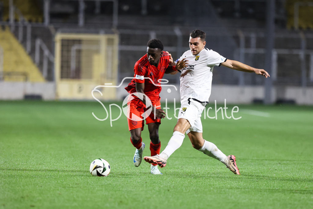 FC Bayern Amateure - DjK Vilzing | im Bild Noel ASEKO NKILI (FC Bayern München II #11) und Andreas JUENGER (DJK Vilzing #9) / Zweikampf / Regionalliga Bayern: FC Bayern München II - DjK Vilzing, Grünwalder Stadion am 30.08.2024