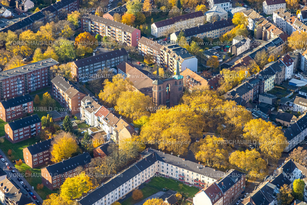 Gelsenkirchen251103074 | Luftbild, kath. Kirche St.Antonius und Schillerplatz mit herbstlichen Bäumen, Feldmark, Gelsenkirchen, Ruhrgebiet, Nordrhein-Westfalen, Deutschland