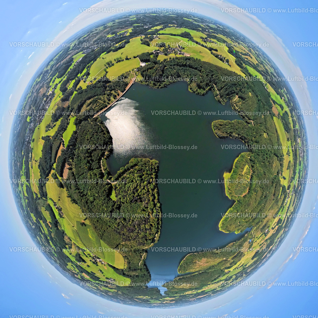 Kierspe250813368a | Luftbild, Kerspetalsperre und Waldgebiet, Erdkugel, Fisheye Aufnahme, Fischaugen Aufnahme, 360 Grad Aufnahme, tiny world, little planet, fisheye Bild, Großfastenrath, Wipperfürth, Sauerland, Nordrhein-Westfalen, Deutschland