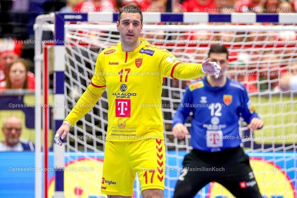 EHF16012602139 | 16.01.2026, Handball, Men's EHF EURO 2026, Dänemark - Nordmazedonien, Jyske Bank Boxen in Herning, Dänemark, Preliminary Round:  Nikola Markoski (North Macedonia #17) 