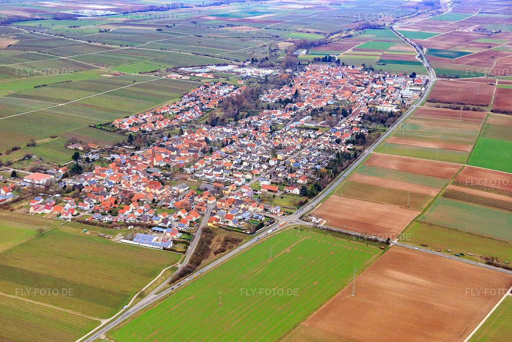 Luftbild: Ortsansicht aus Südwesten im Ortsteil Niederhochstadt in Hochstadt im Bundesland Rheinland-Pfalz in Deutschland. Foto: IMG_086170.jpg vom 12.02.2016 durch Werner Riehm/FLY-FOTO.de