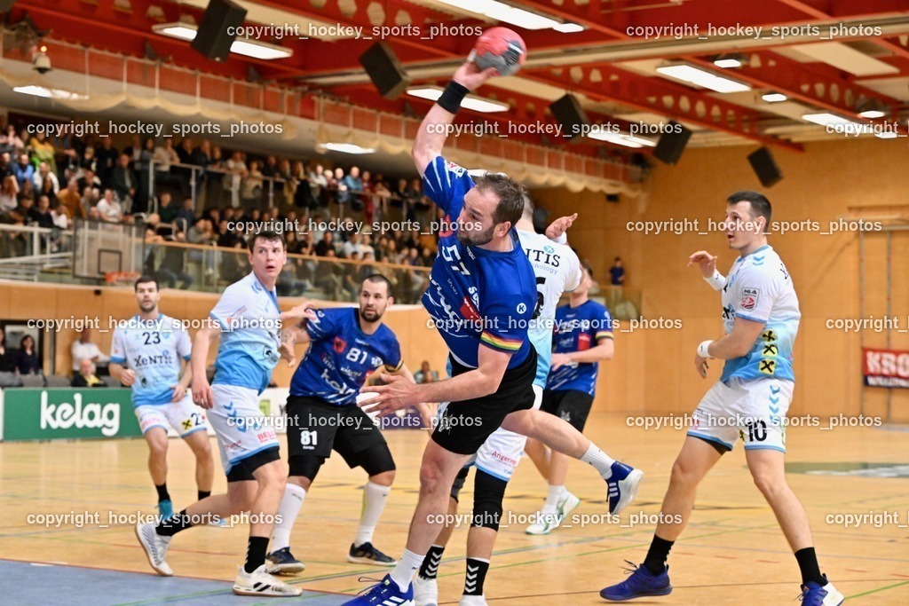 SC Ferlach vs. HSG Bärnbach/Köflach 30.3.2024 | #57 LEBAN Patrik SC Ferlach, #10 Perkusic Toni HSG Bärnbach, SC Ferlach vs. HSG Bärnbach/Köflach 30.3.2024, SC Ferlach vs. HSG Bärnbach/Köflach am 30.03.2024 in Ferlach (Ballspielhalle Ferlach), Austria, (Photo by Bernd Stefan)