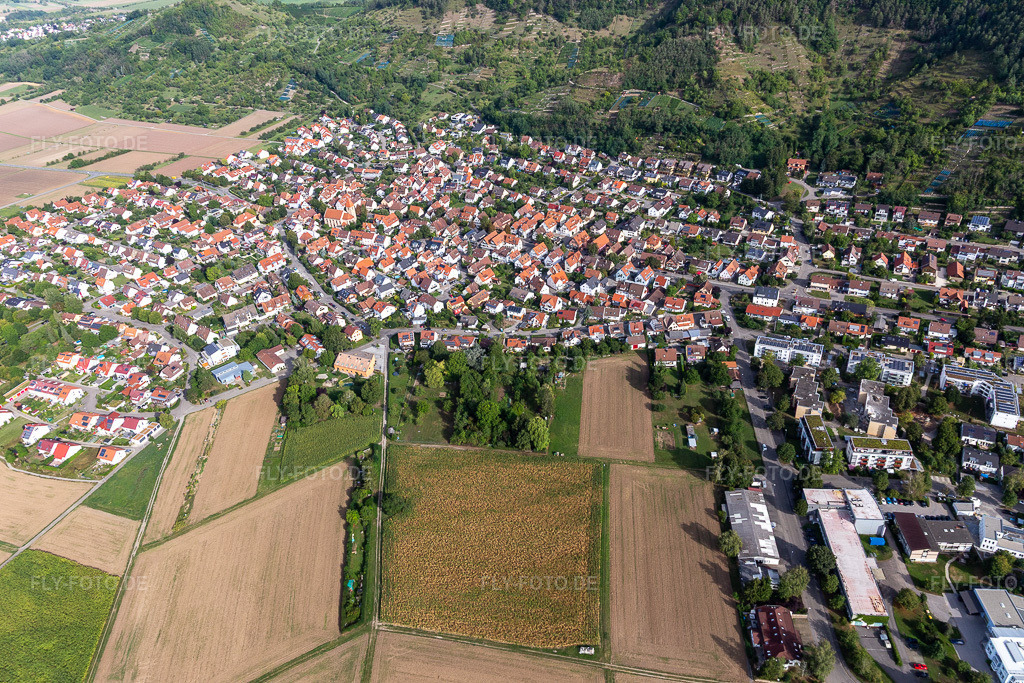Luftbild: Ortsansicht am Rande von landwirtschaftlichen Feldern und Nutzflächen in Hirschau im Ortsteil Hirschau in Tübingen im Bundesland Baden-Württemberg in Deutschland. Foto: IMG_008722.jpg vom 27.08.2020 durch Werner Riehm/FLY-FOTO.de