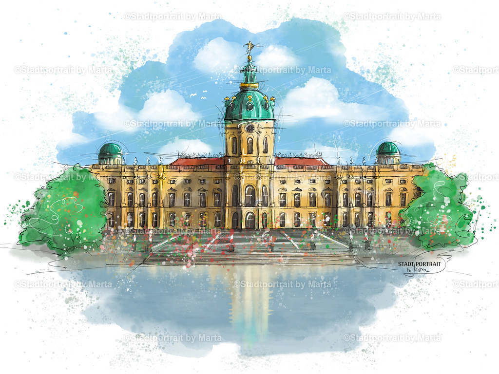 Schloss Charlottenburg Berlin – Stadtportrait by Marta | Ladies, aufgehorcht: Man sieht es Schloss Charlottenburg nicht unbedingt an, aber hinter diesem historischen Gebäude steckt ordentlich Girl-Power! Das Schloss entstand als Sommerresidenz für Sophie Charlotte, die hier ihren eigenen musikalischen und philosophischen Musenhof pflegte. Und nur durch den hartnäckigen Einsatz einer weiteren Frau, Margarete Kühn, können wir dieses Berliner Wahrzeichen heute noch bewundern.Was einst einer Königin als Sommerresidenz diente, kannst du dir heute nach Hause holen – eine Sommerresidenz für deine Wand! Auf hochwertiger Leinwand, Alu-Dibond oder in Museums-Qualität hinter Acrylglas.