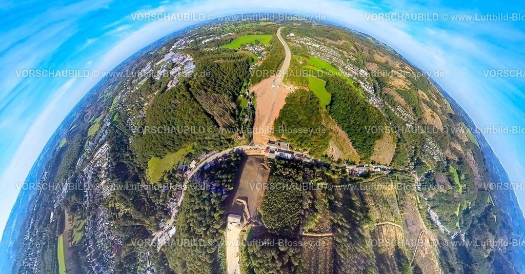 Luedenscheid230990253A45Rahmedebruecke-topaz | Luftbild, Abgerissene und gesprengte Talbrücke Rahmede der Autobahn A45, Altenaer Straße, Waldschäden, Erdkugel, Fisheye Aufnahme, Fischaugen Aufnahme, 360 Grad Aufnahme, tiny world, Gevelndorf, Lüdenscheid, Sauerland, Nordrhein-Westfalen, Deutschland