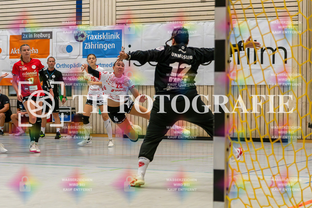 DEU, HSG Freiburg - TG Nuertingen, Handball, 2. Handball-Bundesliga, Saison 2023/2024, 04. Spieltag, Saison 2023/2024, 07.10.2023 | Leonie Dreizler (TG Nuertingen, #23) beim Wurf aufs Tor von Debora D'Arca (HSG Freiburg, #12)

DEU, HSG Freiburg - TG Nuertingen, Handball, 2. Handball-Bundesliga, Saison 2023/2024, 04. Spieltag, Saison 2023/2024, 07.10.2023

Foto: Eibner-Pressefoto/Thomas Hess