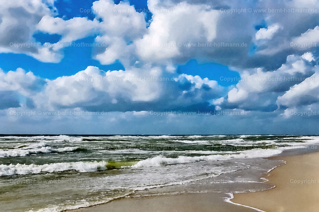PDM2_7953_Strand_oB_180x120 | DIGITALKUNST. Nordseestrand - OHNE Badegäste. Meereswellen mit Brandung und typischem Nordseehimmel. - Realisiert mit Pictrs.com