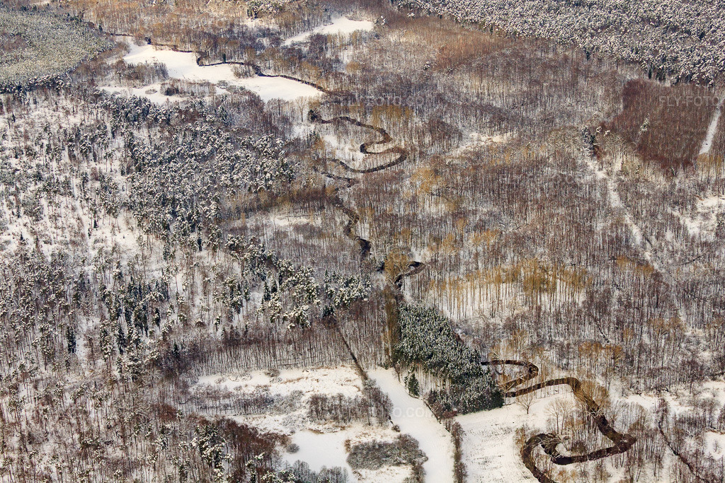 Aerial view: The border river Lauter meanders through the Bienwald forest in winter with snow. in the district Altenstadt in Wissembourg in the state Bas-Rhin, France. – Photo: IMG_36244.jpg taken on 01/02/2011 by Werner Riehm/FLY-FOTO.com – Resolution of the original: 4752 x 3168 px