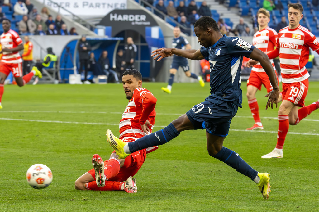 TSG Hoffenheim vs. Union Berlin (Sinsheim, Germany) | Sinsheim, Germany, 31. Jan. 2026: German Bundesliga, 2025/26 season, Matchday 20: TSG Hoffenheim vs. Union Berlin / Bazoumana Touré (29, Hoffenheim) shoots and scores to make it 3-0 for Hoffenheim - Realisiert mit Pictrs.com