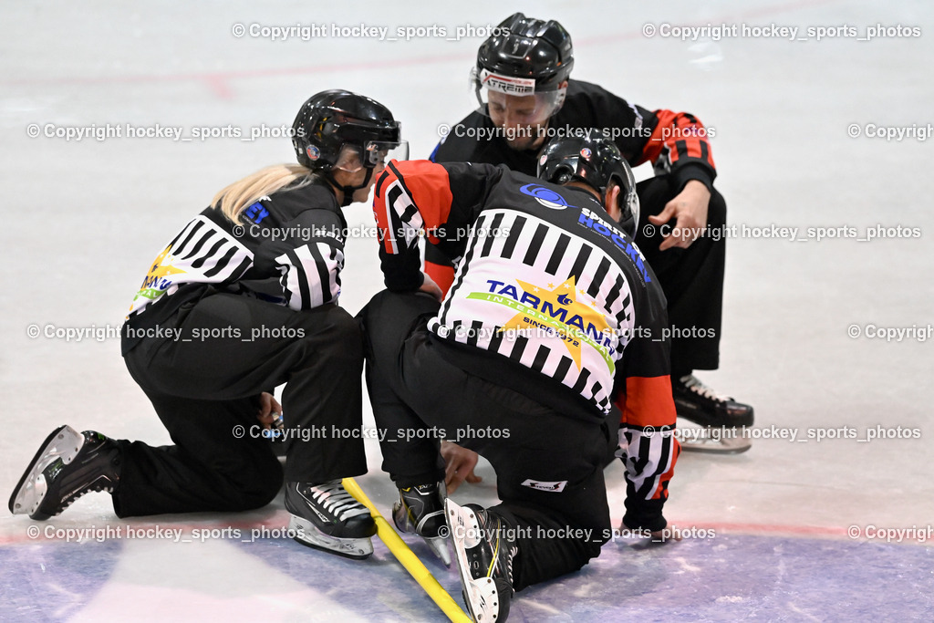  ESC Steindorf vs. EHC Althofen 2.3.2023 | Ettlmayer Timo, Holzer Daniel, Klemm Anja, Referees, Eis Reperatur