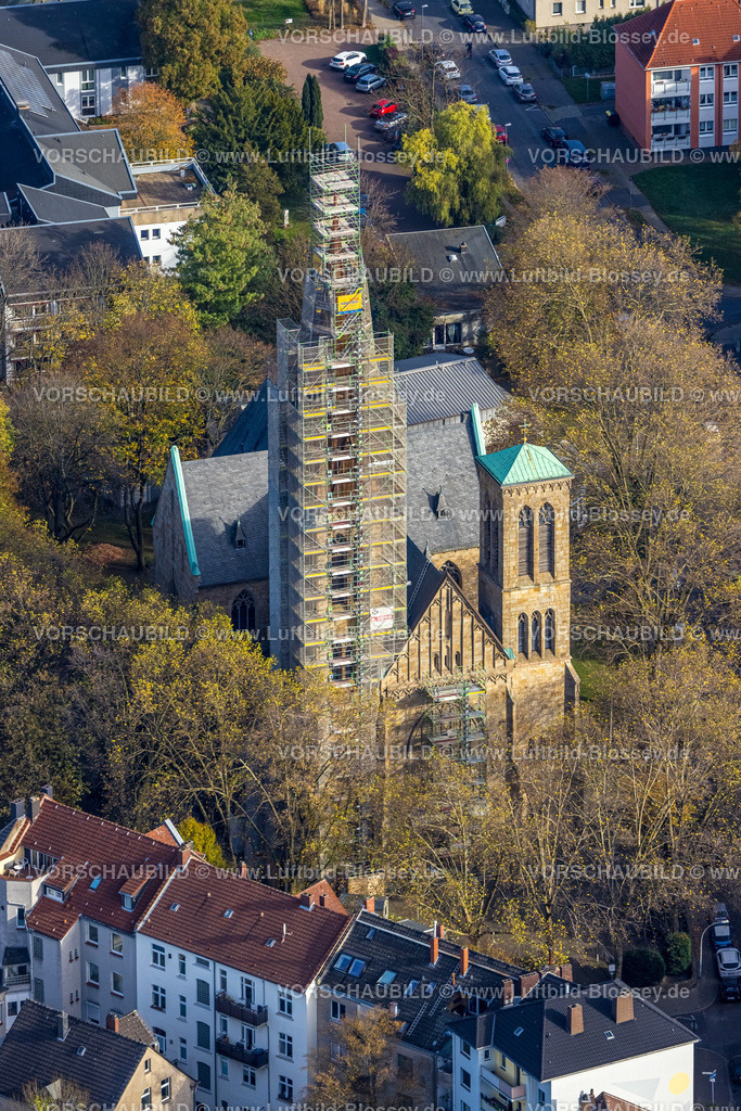 Herne221101198oestlich | Luftbild, Herz-Jesu-Kirche, Kirchturm Renovierung, Herne-Mitte, Herne, Ruhrgebiet, Nordrhein-Westfalen, Deutschland