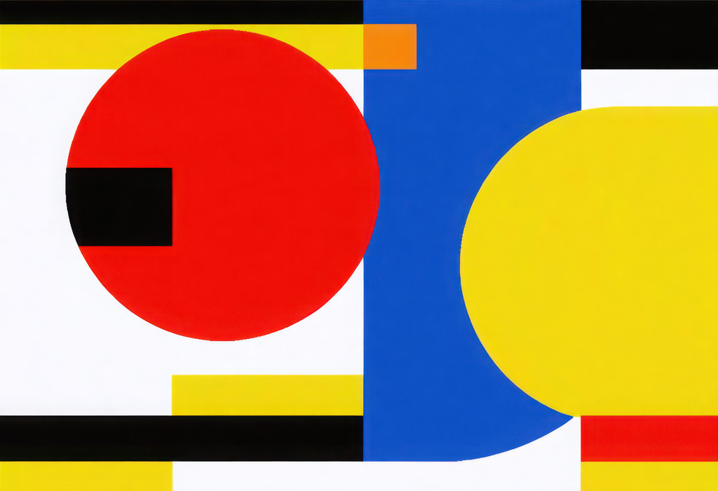 Wandbild - Geometrische Kunst | Dieses Wandbild lebt von klaren Formen, starken Kontrasten und lebendigen Grundfarben. Rote, gelbe und blaue Flächen treffen auf dynamische Linien und Kreise, die in perfekter Balance Spannung und Harmonie erzeugen. Die reduzierte Formensprache macht dieses Werk zu einem ausdrucksstarken Blickfang für moderne Wohnräume, Büros oder kreative Arbeitsumgebungen. Ideal für alle, die klare Kompositionen und visuelle Energie schätzen. KI-generierte Inhalte.