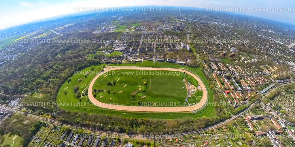 Dortmund230490043cWambelRennbahn-neu | Luftbild, Galopprennbahn Dortmund mit Golfrange, Erdkugel, Fisheye Aufnahme, Fischaugen Aufnahme, 360 Grad Aufnahme, Wambel, Dortmund, Ruhrgebiet, Nordrhein-Westfalen, Deutschland