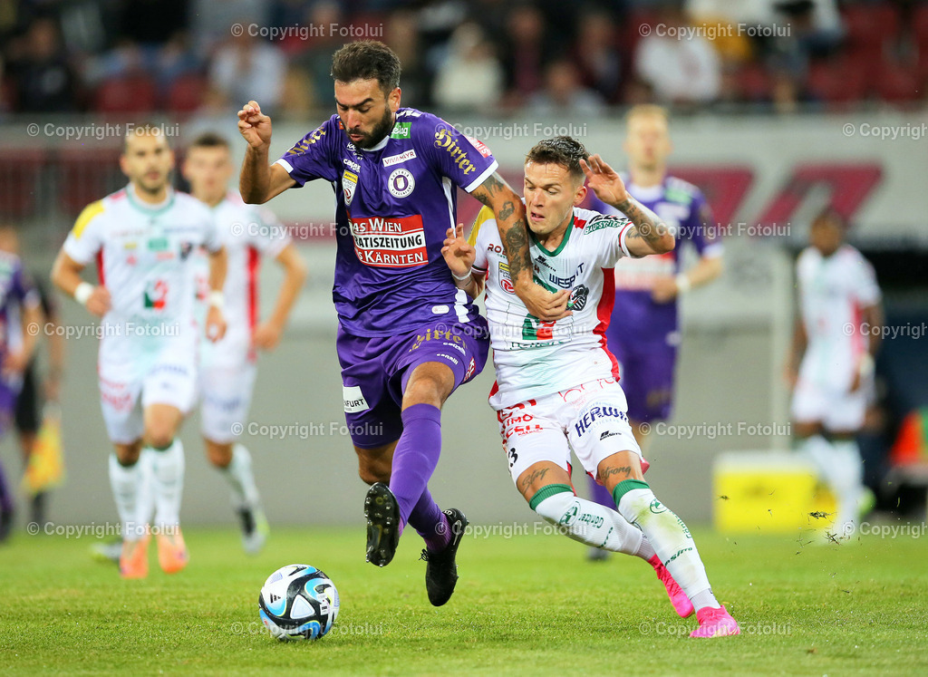 A_LUI_090823_10 | SPORT,FUSSBALL,ADMIRAL BUNDESLIGA AUSTRIA KLAGENFURT 09.08.2023 IM BILD:KOSMAS GKEZOS (KLAGENFURT) UND FLORIAN RIEDER  (WAC) FOTO:FOTOLUI/MW
