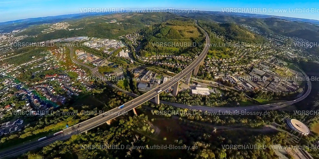 Siegen230990435Siegerlandbruecke | Luftbild, Autobahn A45 Siegtalbrücke, über die Bundesstraße B62 Hüttentalstraße, Erdkugel, Fisheye Aufnahme, Fischaugen Aufnahme, 360 Grad Aufnahme, tiny world, Eiserfeld, Siegen, Sauerland, Nordrhein-Westfalen, Deutschland