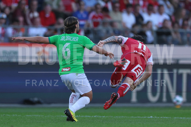 Grazer AK 1902 vs WSG Tirol – Austrian Bundesliga | Graz, Austria, 02.MAY.26 - SOCCER - ADMIRAL Bundesliga, Qualification Group, Grazer AK 1902 vs WSG Tirol. The image shows Lukas Sulzbacher (WSG Tirol) gives a foul to Mark Grosse (GAK).