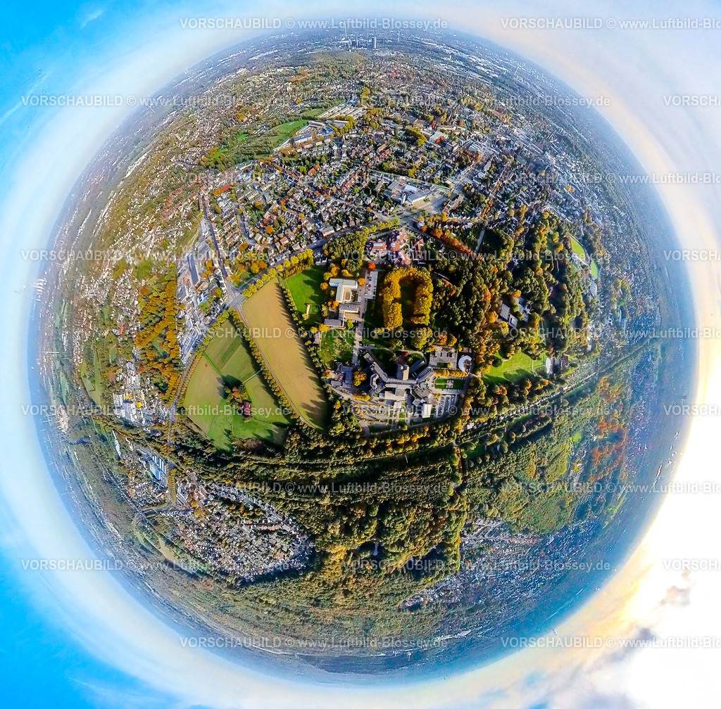 Bottrop20221006_1Marienhospital | Luftbild, Marienhospital Bottrop, Herbstfarben, Fisheye Aufnahme, Fischaugen Aufnahme, 360 Grad Aufnahme, Süd-West, Bottrop, Fisheyeaufnahme, Ruhrgebiet, Nordrhein-Westfalen, Deutschland