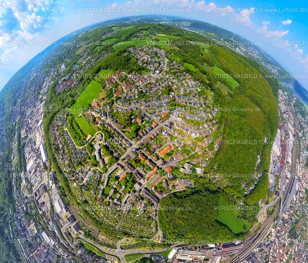 Hagen230520045Kuhlerkamp | Luftbild, Wohngebiet Kuhlerkamp, Erdkugel, Fisheye Aufnahme, Fischaugen Aufnahme, 360 Grad Aufnahme, Wehringhausen, Hagen, Sauerland, Nordrhein-Westfalen, Deutschland