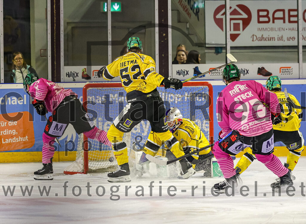 2025-10-28_049_TSV_Erding_gegen_Toelzer_Loewen | Erding, Deutschland, 28.10.2025:Eishockey, Oberliga Süd 2025 / 2026, 13. Spieltag, TSV Erding gegen Tölzer Löwen, Endergebnis: 2:5Thomas Matheson (Erding Gladiators, #37), Dennis Dietmann (Tölzer Löwen, #52), Torwart Matthias Bittner (Tölzer Löwen, #32), Pascal Steck (Erding Gladiators, #73)Foto: Christian Riedel / fotografie-riedel.net