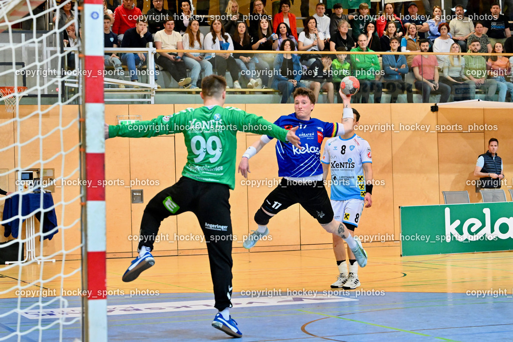 SC Ferlach vs. HSG Bärnbach/Köflach 30.3.2024 | #99 Strasek Denis HSG Bärnbach, #17 PAVLOV Hari SC Ferlach, SC Ferlach vs. HSG Bärnbach/Köflach 30.3.2024, SC Ferlach vs. HSG Bärnbach/Köflach am 30.03.2024 in Ferlach (Ballspielhalle Ferlach), Austria, (Photo by Bernd Stefan)