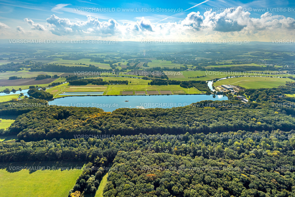 Holzwickede220900891Opherdicke | Luftbild, Stausee Hengsen, Fernsicht mit blauem Himmel und Wolken, Hengsen, Holzwickede, Ruhrgebiet, Nordrhein-Westfalen, Deutschland